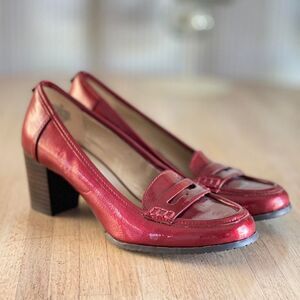 NWOB Bandolino Red Patent Leather Loafer Pumps Block Heel Dress Shoes Size 7M